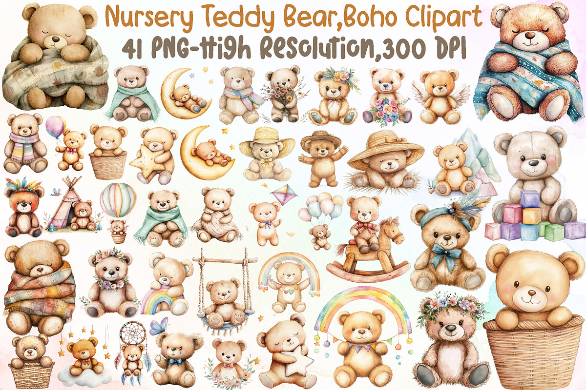 Nursery Teddy Bear Clipart,Boho Clip, an Illustration by Sublimation Artist (Photo 1 of 6)