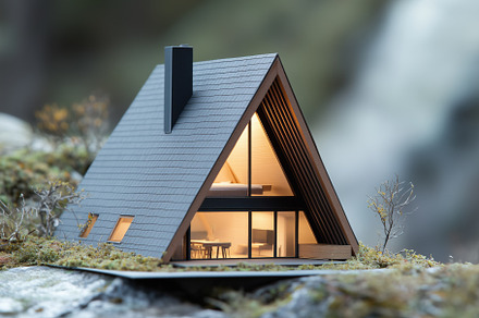 A miniature model of a modern A-frame house with a black roof and large glass w, an Architecture Photo by Textures & Backgrounds