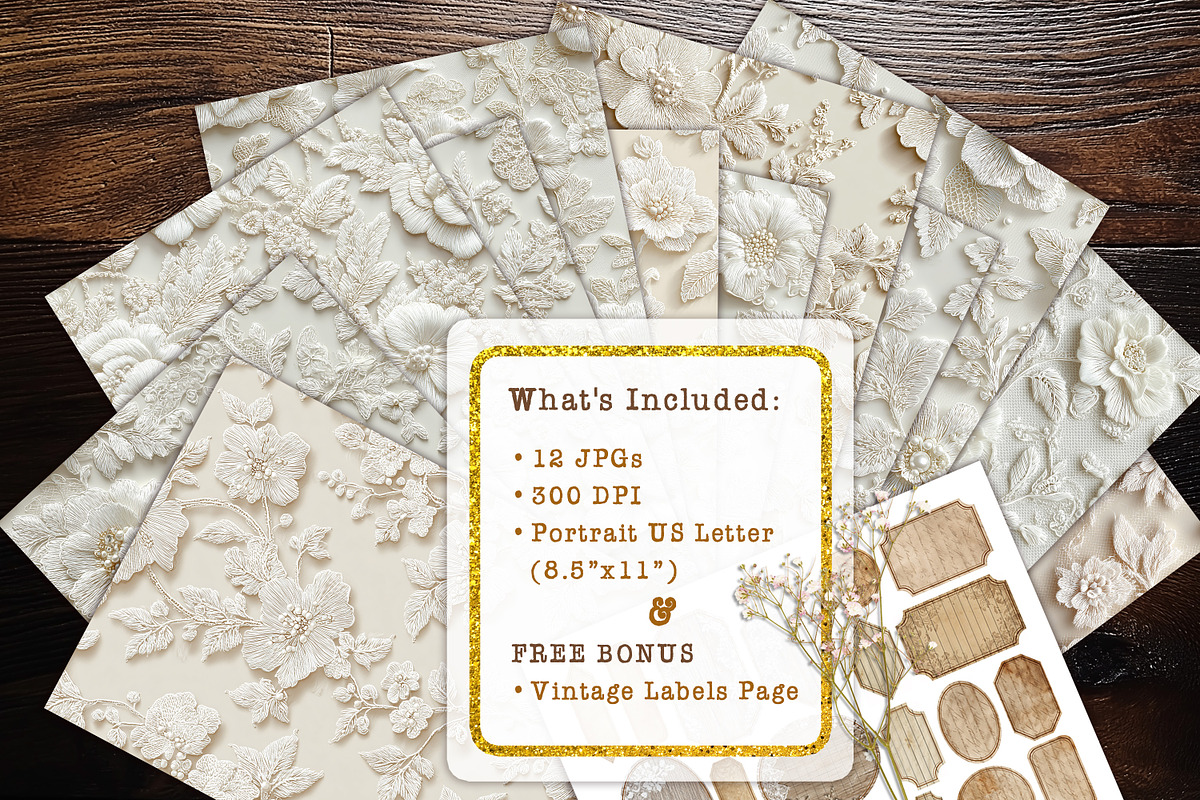 Ivory Floral Lace Scrapbook Paper, a Background Graphic by V Design Creator (Photo 7 of 12)