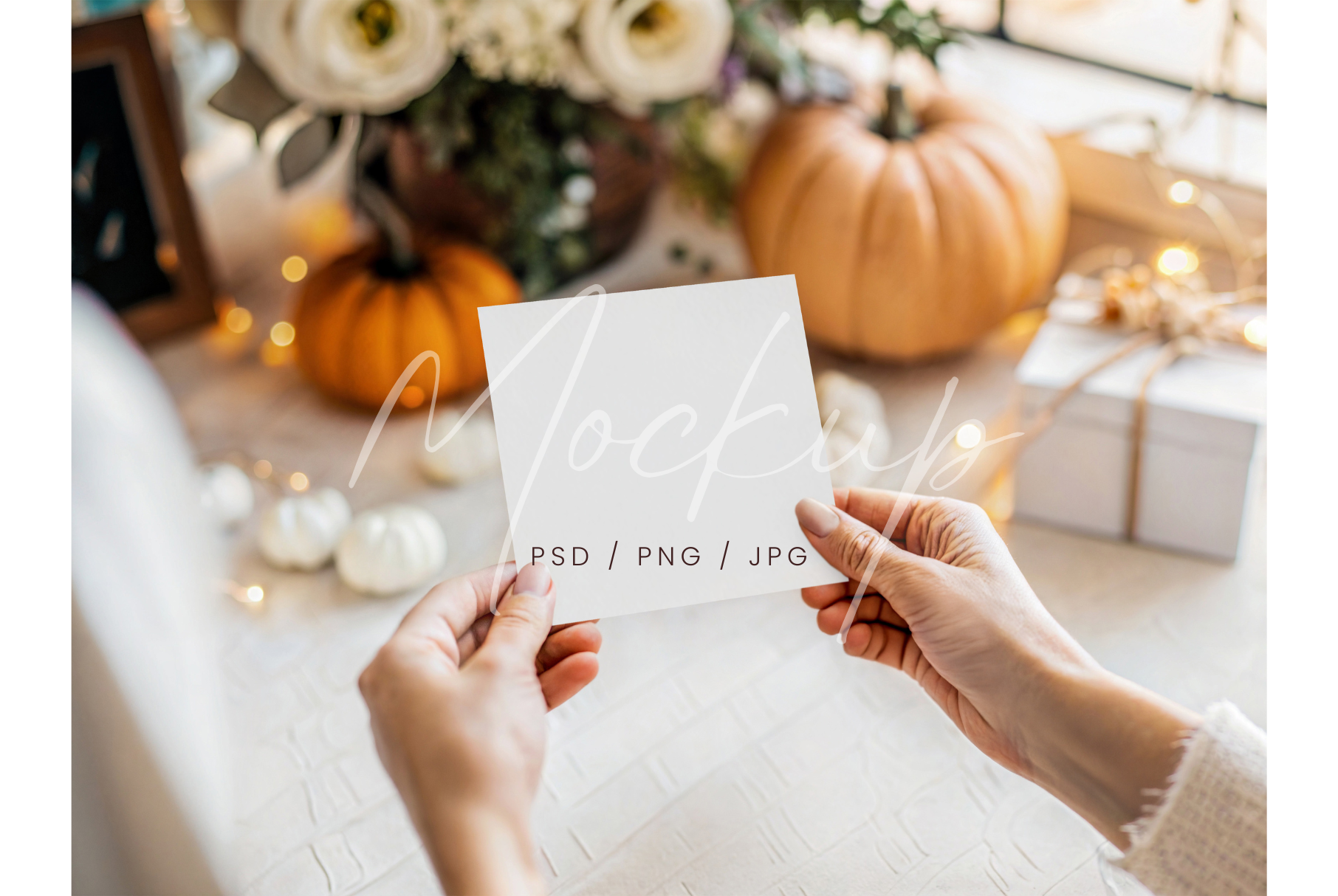 Square Invitation in Hand Mockup, a Product Mockup by TatiMockup