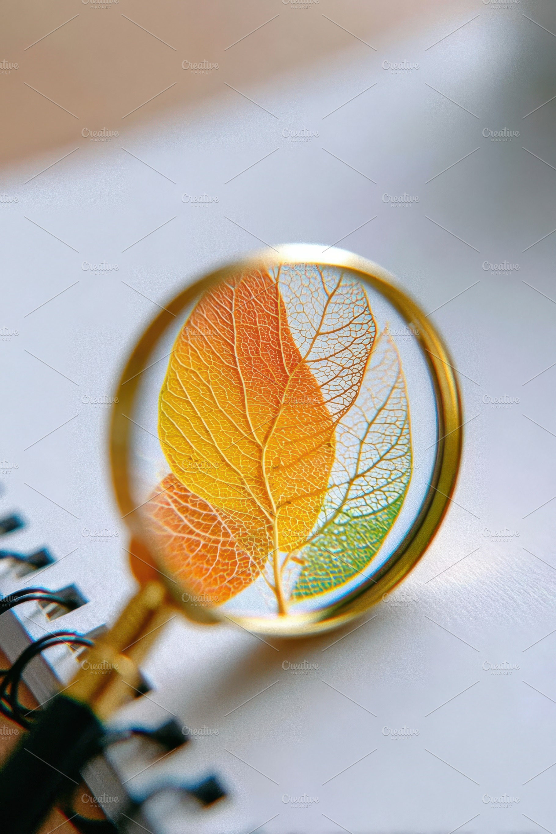 Magnified view of a green leaf with notebook, an Abstract Photo by AlyaAnd