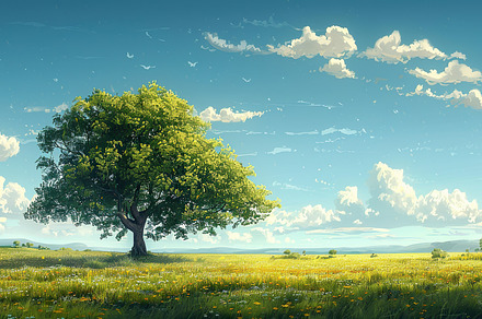 Lush green field under blue skies wi, a Photo by LOGOCREATIVE