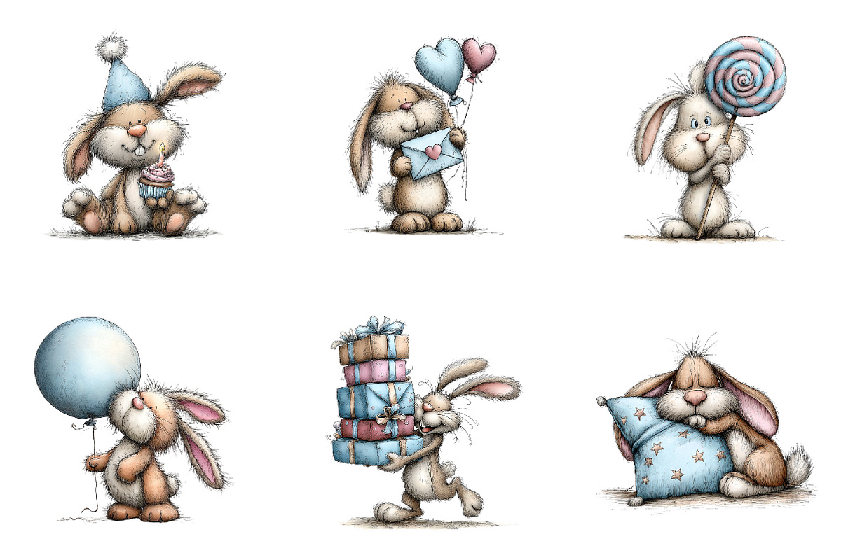 Watercolor Birthday Bunny Clipart, a Seasonal Illustration by CreationArt (Photo 3 of 5)