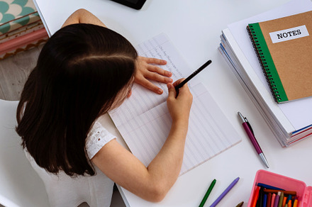 Girl doing homework in her bedroom, a Person Photo by davidpereiras