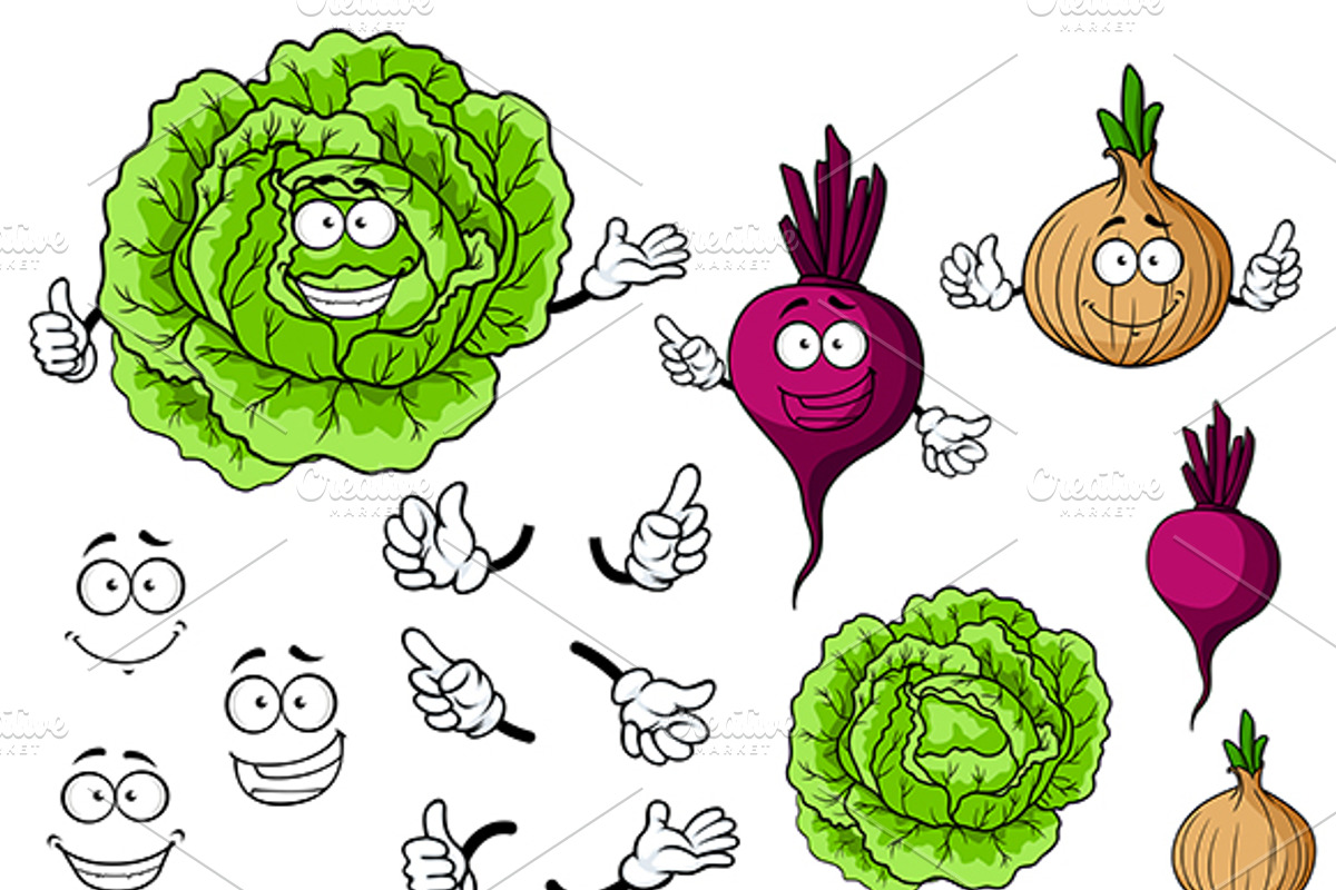Cute cartoon cabbage, beet and onion