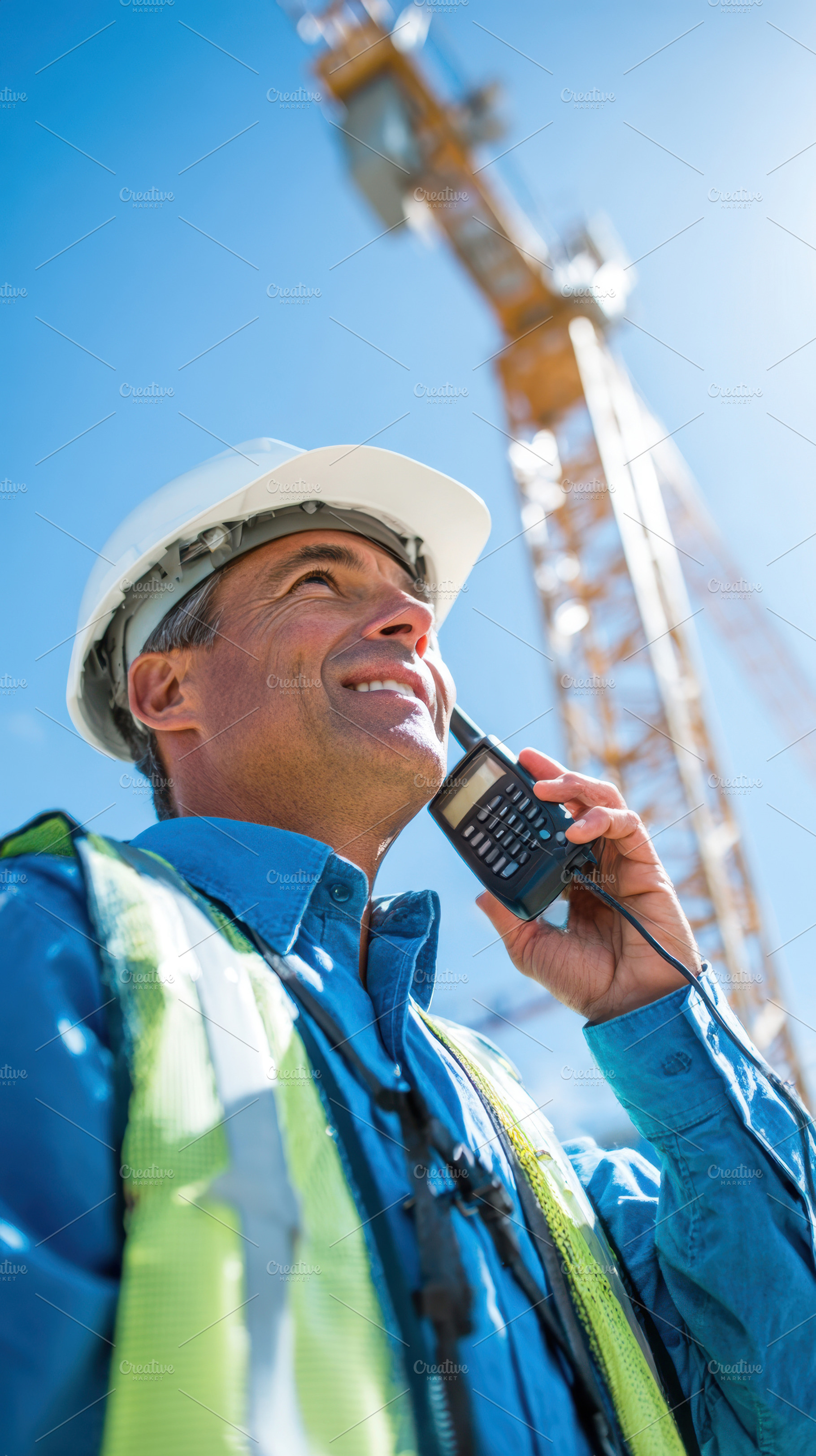 Construction worker communicating at a job site, a Business Photo by AlyaAnd