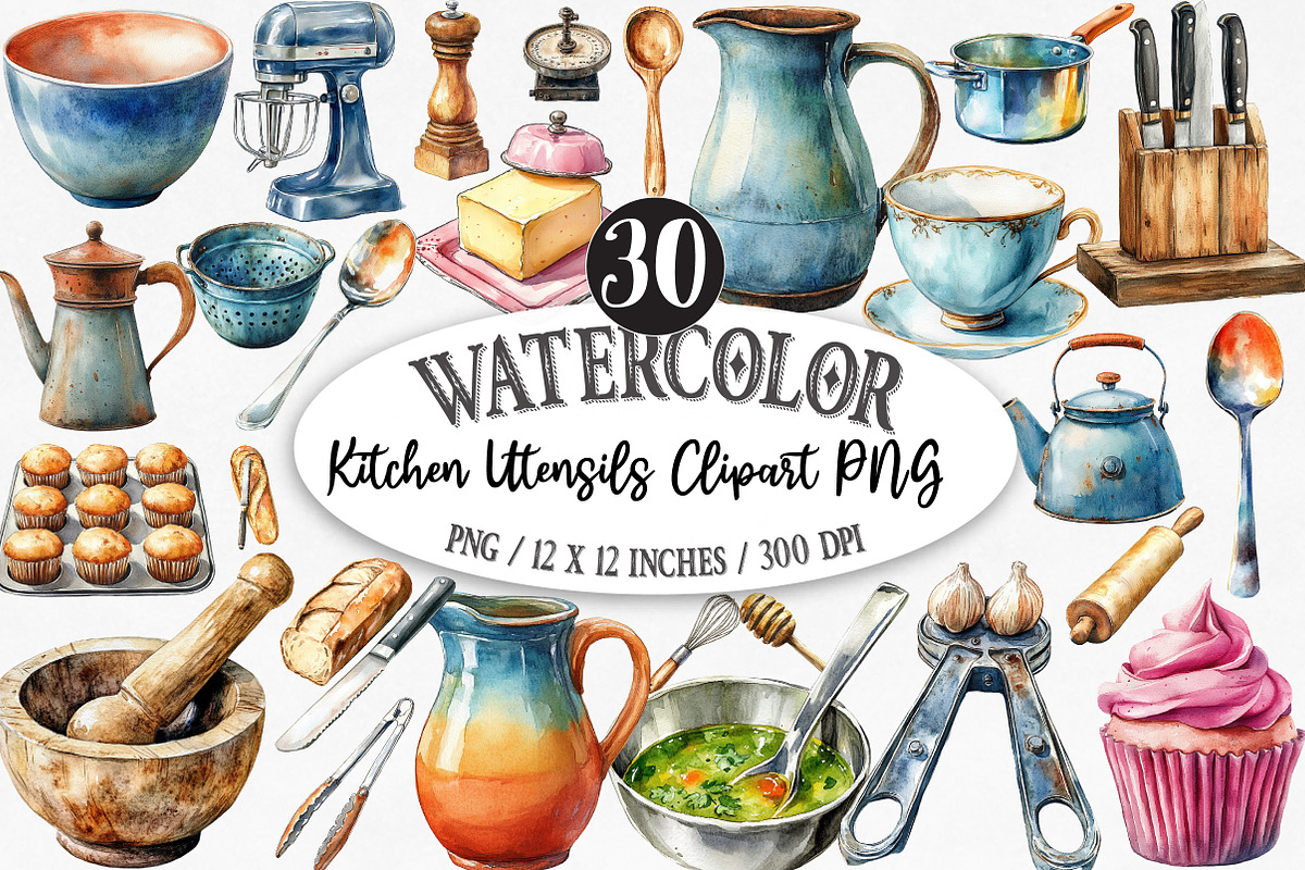 Watercolor Kitchen Utensils Clipart, an Icon by Designking (Photo 1 of 5)