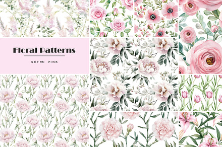 Watercolor pink flowers patterns set