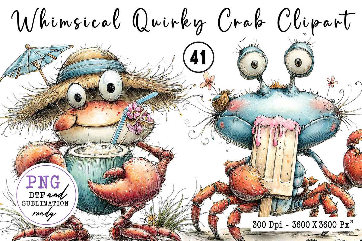 Whimsical Quirky Crab Clipart, an Animal Illustration by CreationArt (Photo 1 of 7)