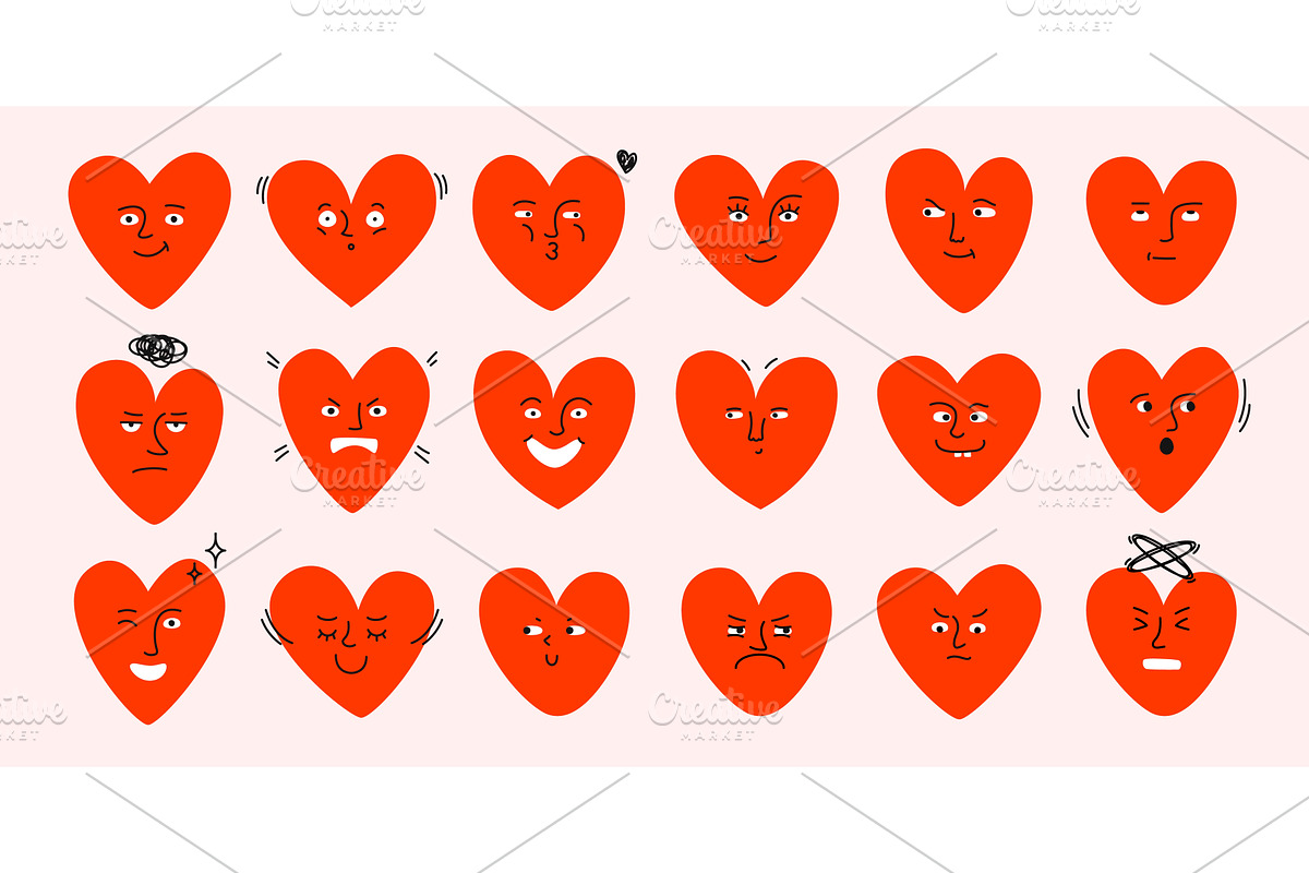 Funny doodle heart faces. Cartoon, an Object Illustration by winwin.art