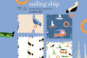 Sailing ship seamless pattern