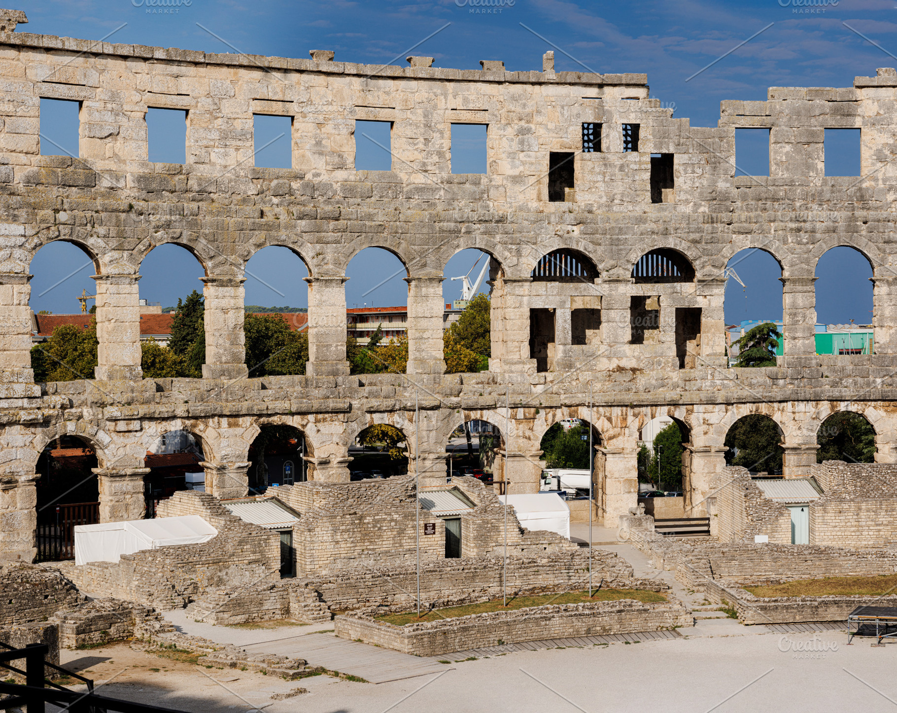 Ancient ruins of the Roman Amphitheatre, Istria peninsula. Pula, Croatia., an Architecture Photo by Bepslabor