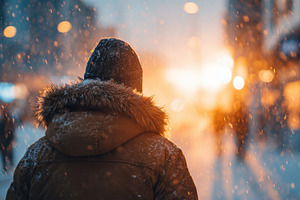 Person in winter coat during snowy sunset, a Person Photo by AlyaAnd