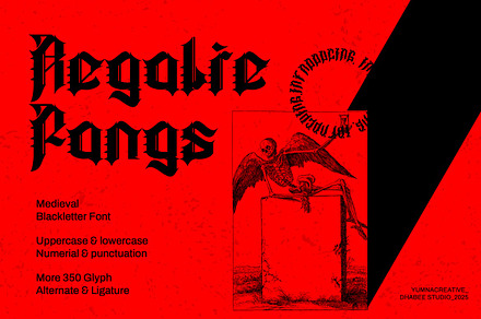 Regalie Fangs - Medieval Blackletter, a Blackletter Font by Dhabee