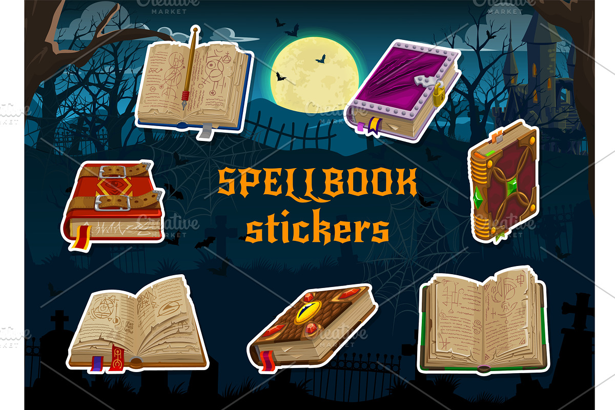 Magic spellbook, medieval stickers, a Seasonal Illustration by Vector Tradition