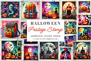 Halloween Postage Stamp Clipart PNG, an Illustration by SinaCreation