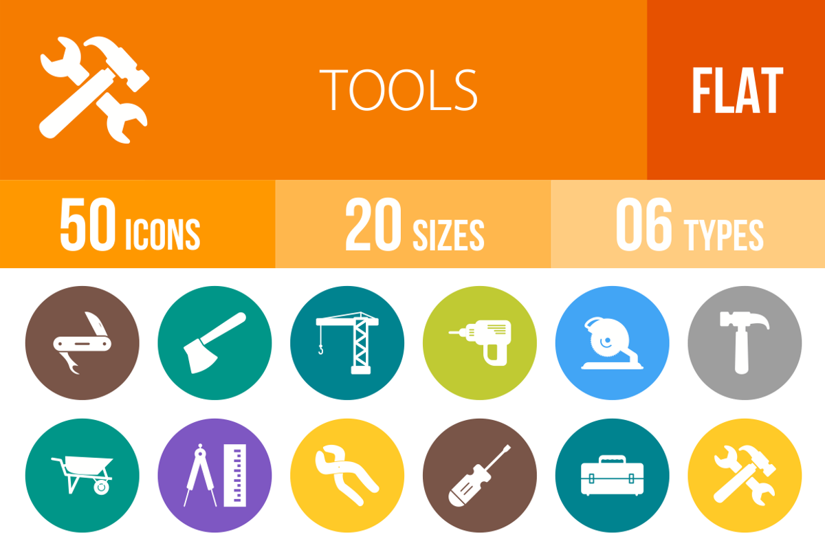 50 Tools Flat Round Icons