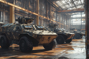 Military vehicles lined up inside a, a Photo by Tanuart