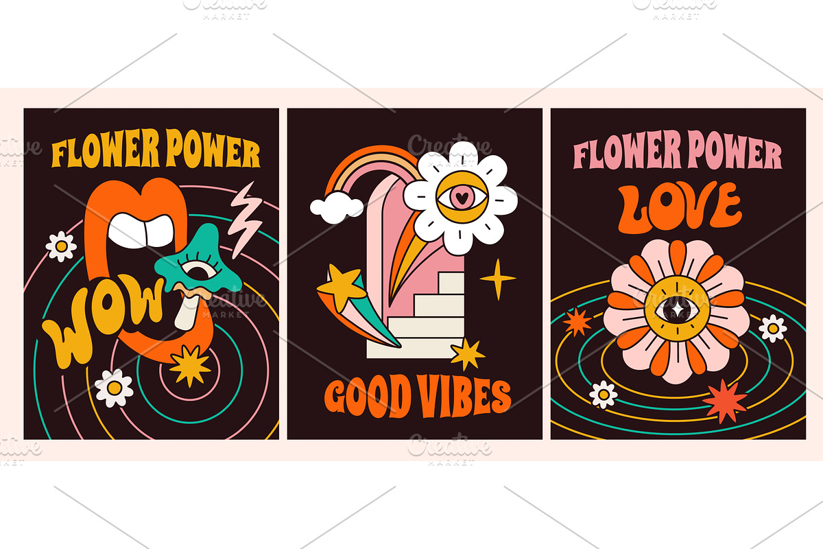 Psychedelic hippie cards. Vintage, an Object Illustration by Vectorbuum