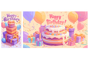 birthday cartoon. cake gifts pastel, an Object Illustration by Stock-Smart-Start