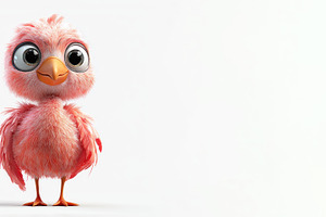 Cute wide-eyed fluffy pink cartoon bird with orange beak standin, an Animal Photo by José Manuel Gelpi