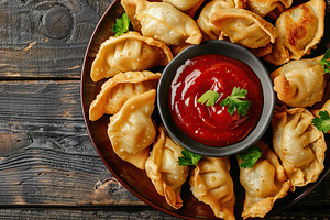 Homemade fried meat dumplings with red sauce on wooden table, a Food & Drink Photo by AlyaAnd