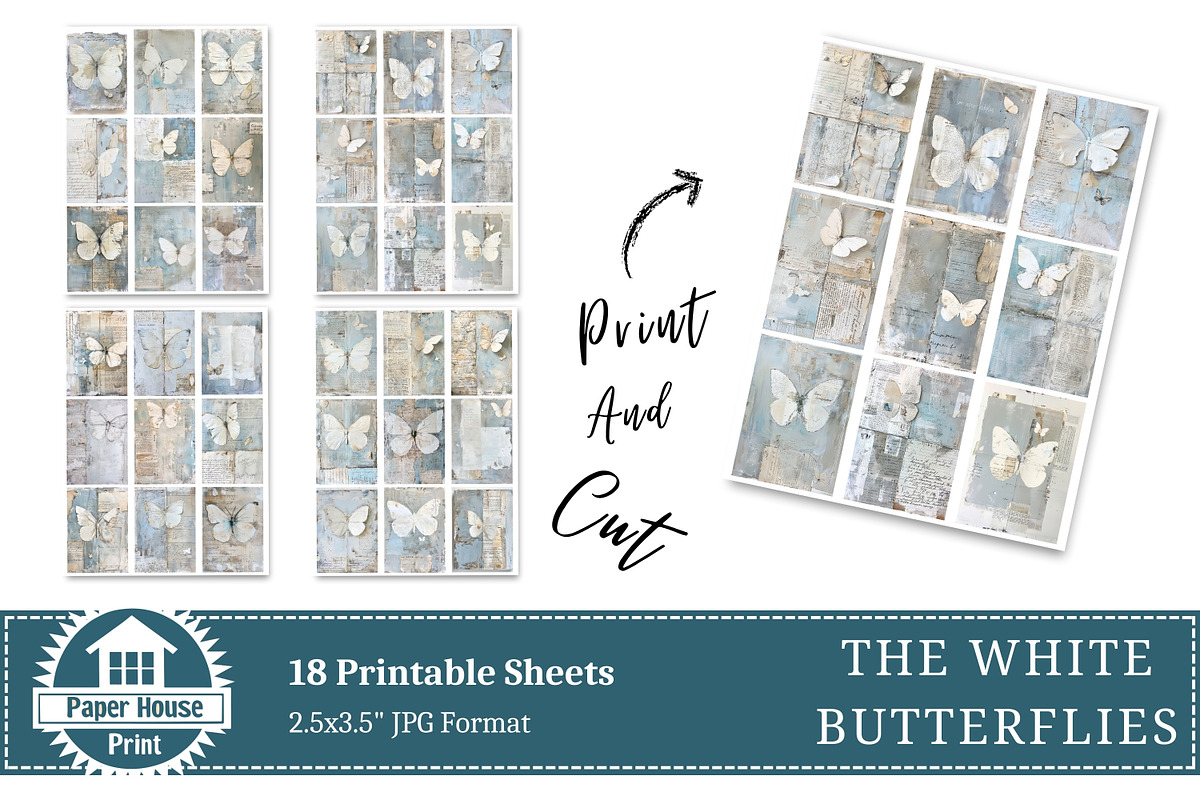 White Butterflies Junk Journal Paper, a Background Graphic by NiiiNArt (Photo 8 of 8)
