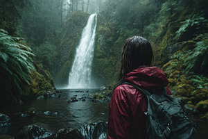 Woman admiring a rainforest waterfal, a Photo by Pixeness Studio