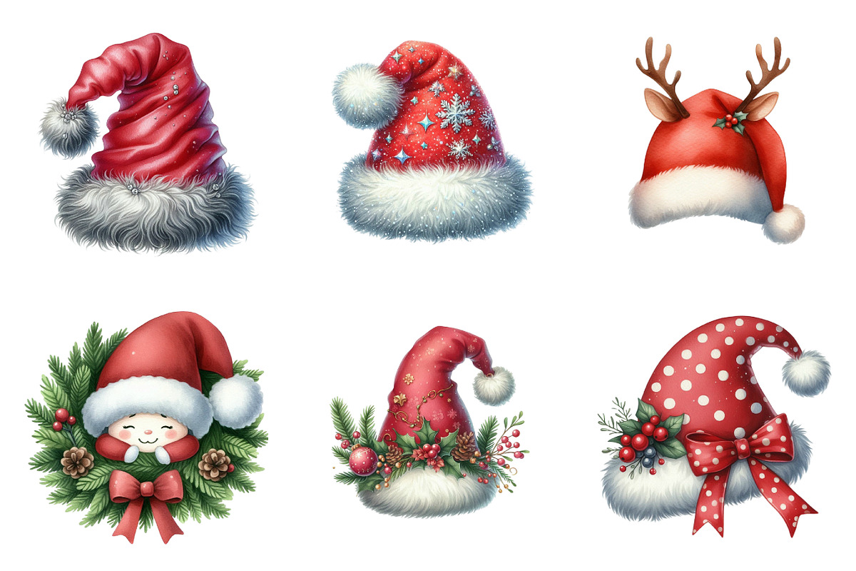 Watercolor Santa Hat Clipart Bundle, an Illustration by SinaCreation (Photo 5 of 7)