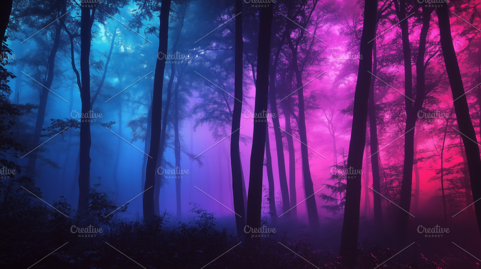 A mystical forest scene with tall trees shrouded in fog, illuminated by vibrant, a Photo by Textures & Backgrounds