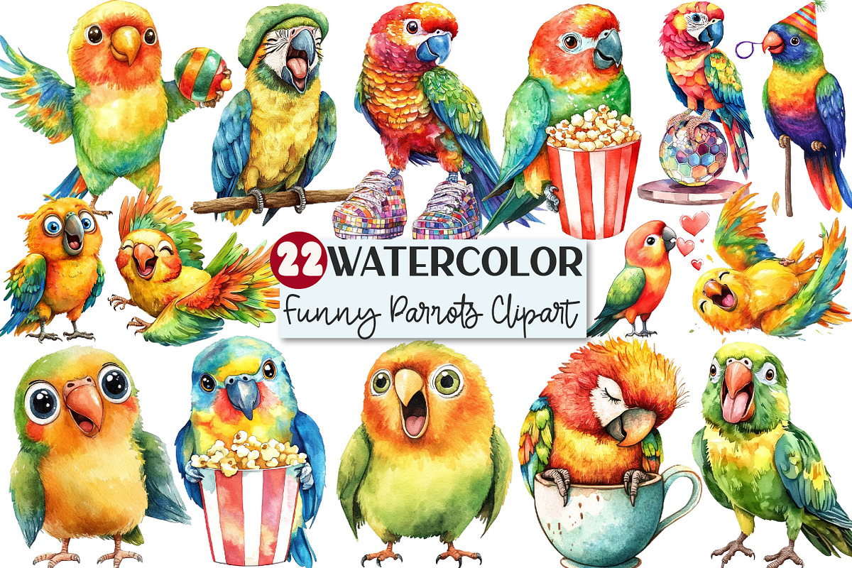 Watercolor Funny Parrots Clipart, an Illustration by Rose Art (Photo 1 of 3)