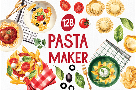 Pasta Italiana Watercolor Collection, a Food Illustration by StudioBleu