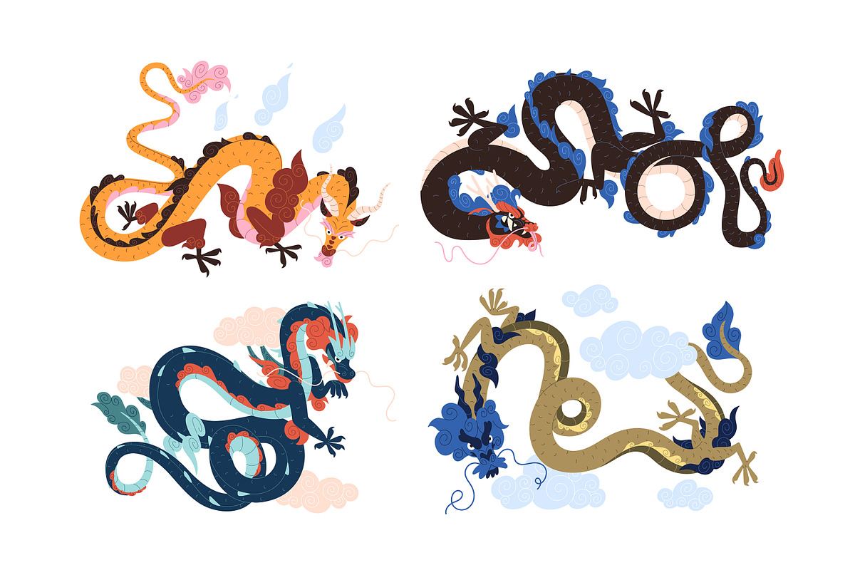Asian, Chinese dragons set, cards, an Animal Illustration by PaperTrident (Photo 1 of 13)