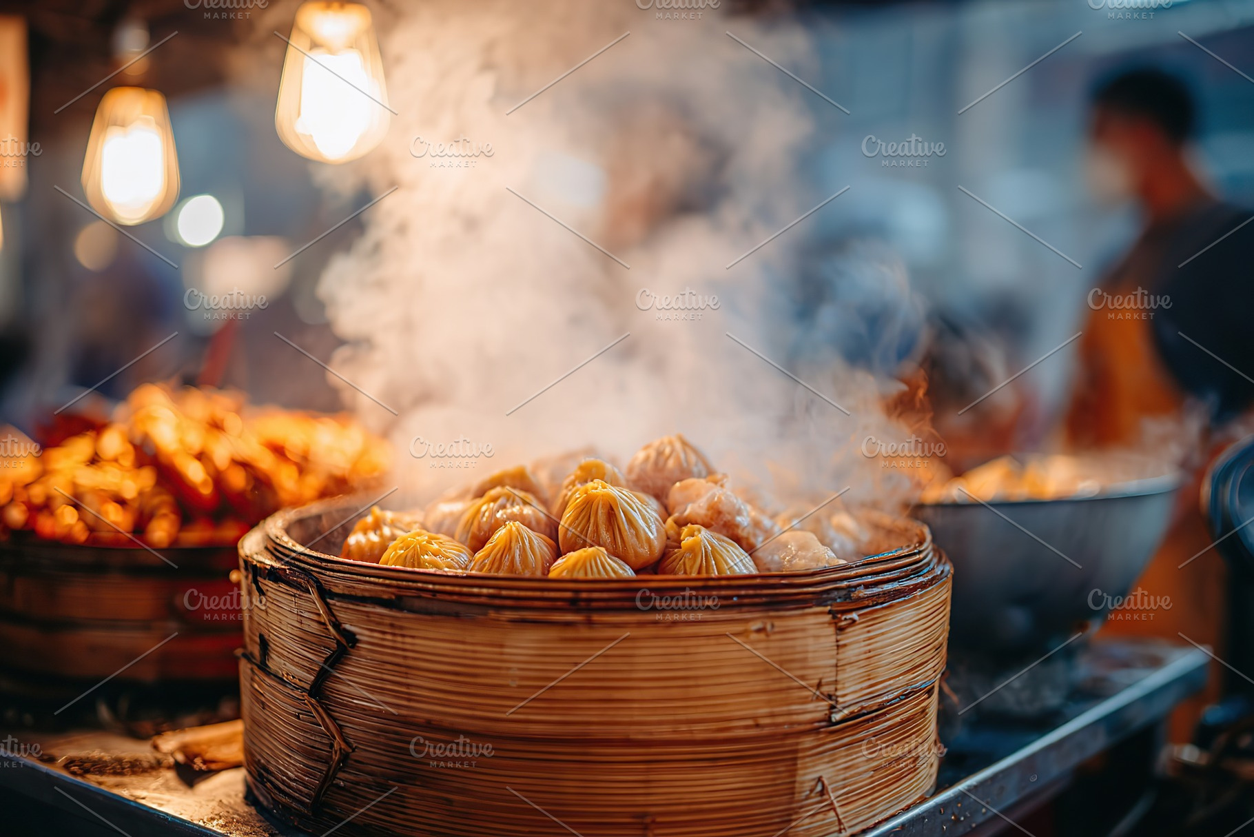 Steaming dumplings in bamboo baskets at a lively street food stall in the eveni, a Food & Drink Photo by AlyaAnd