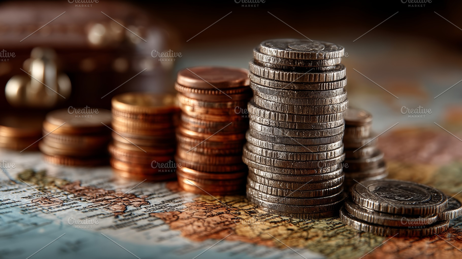 Stacks of coins on a world map symbolize budgeting, travel costs, and financial, a Photo by AS photostudio
