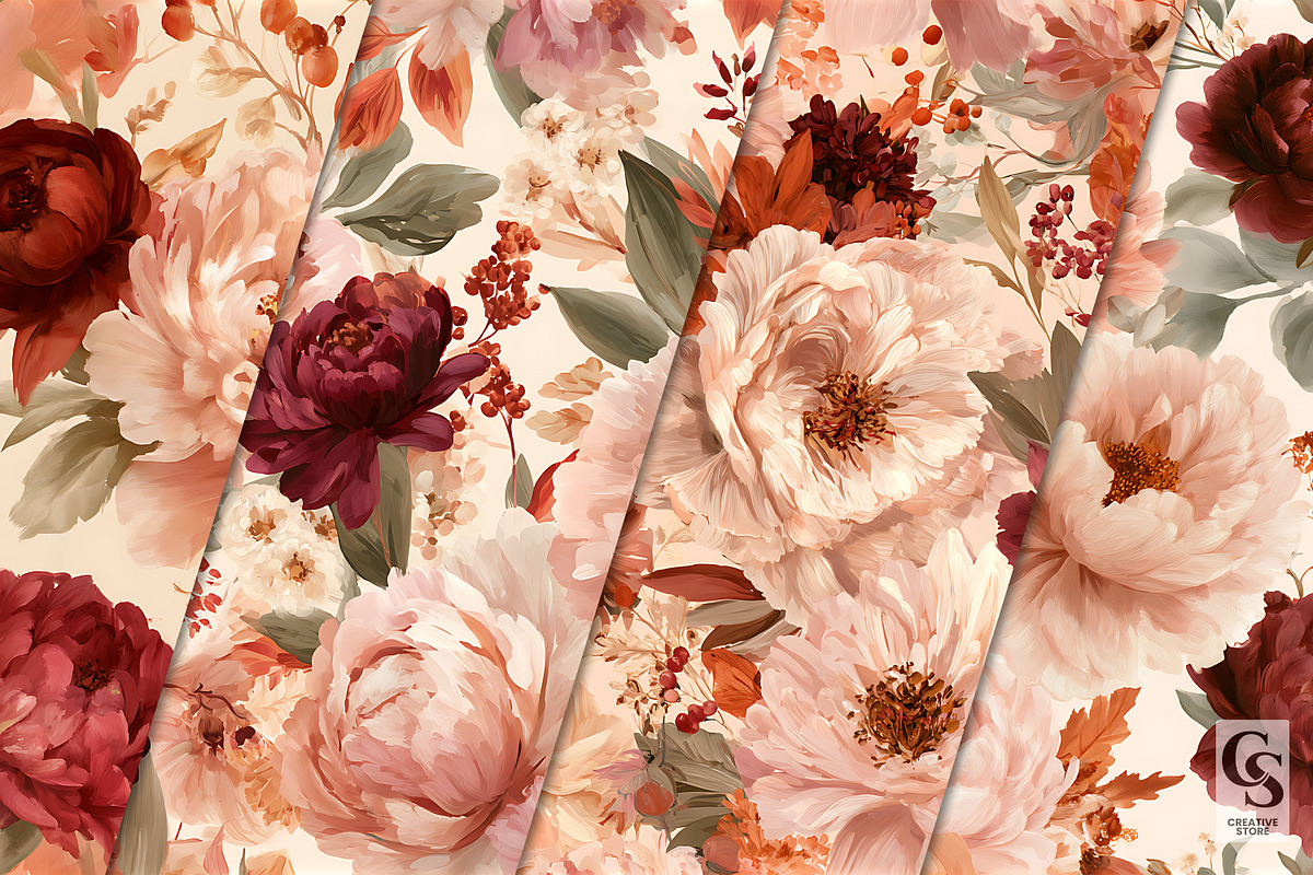 Romantic Autumn Peony Flowers Paper, a Pattern Graphic by Creative Store (Photo 2 of 5)
