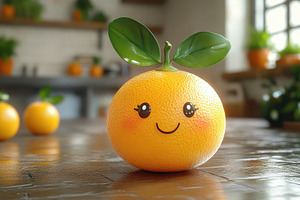 Bright smiling orange with leaves in, a Photo by Tanuart