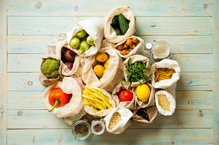 Fresh vegetables in eco cotton bags featuring eco, food, and organic, a Food & Drink Photo by oksix