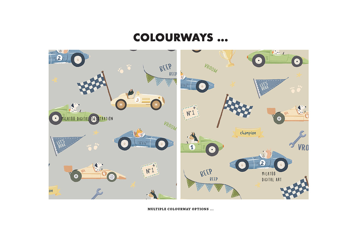 Racing pattern Cat Dog Racer car f1, a Pattern Graphic by Milatoo (Photo 2 of 4)