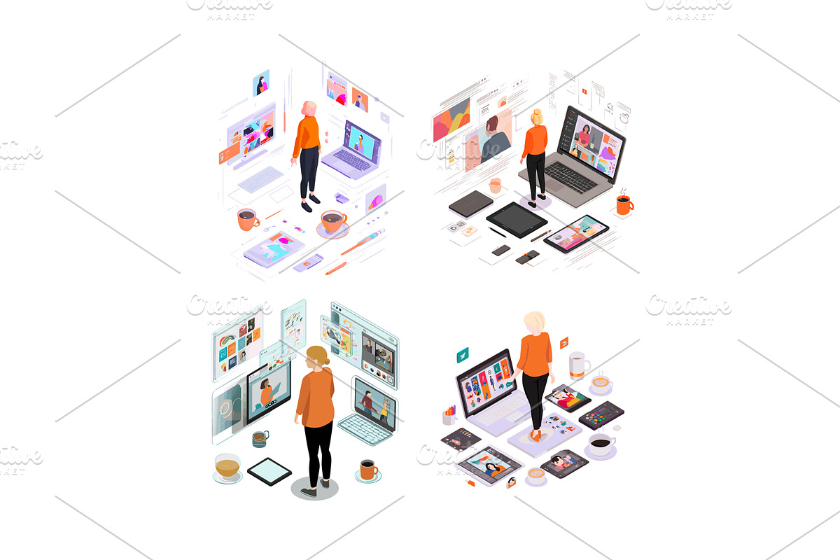 Girls with laptop workspace, a Technology Illustration by Onyx
