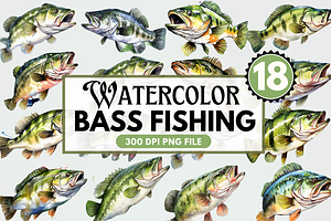 Bass Fishing Watercolor Art Clipart