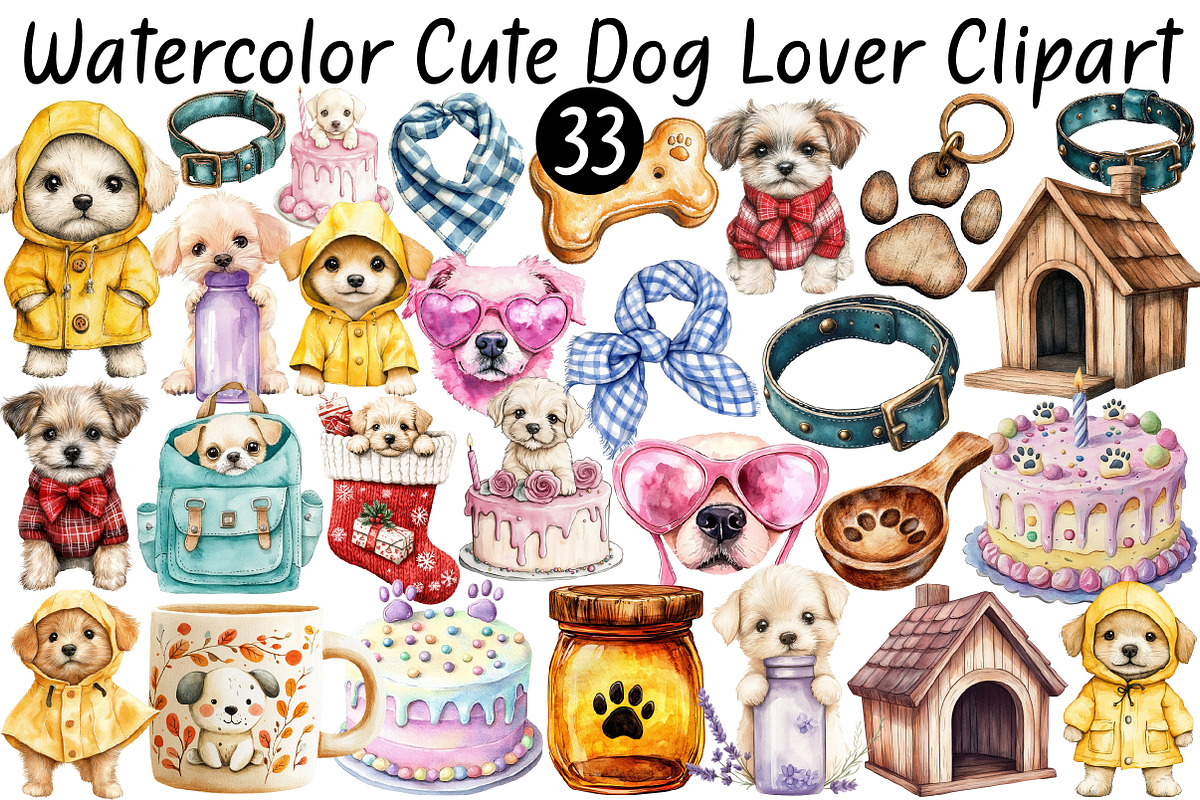 Watercolor Cute Dog Lover Clipart, a Seasonal Illustration by CitraGraphics (Photo 1 of 8)