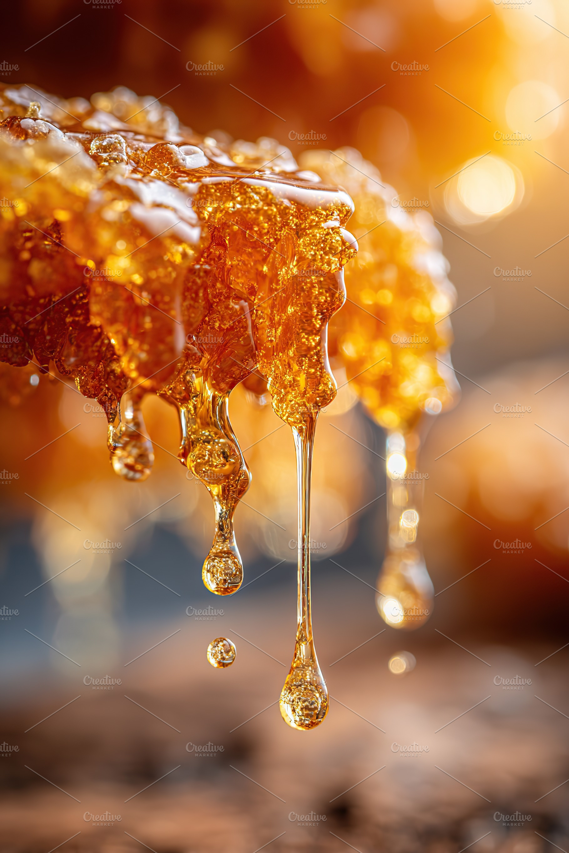 Golden honey dripping from a honeycomb in natural sunlight at a farm, a Food & Drink Photo by AlyaAnd