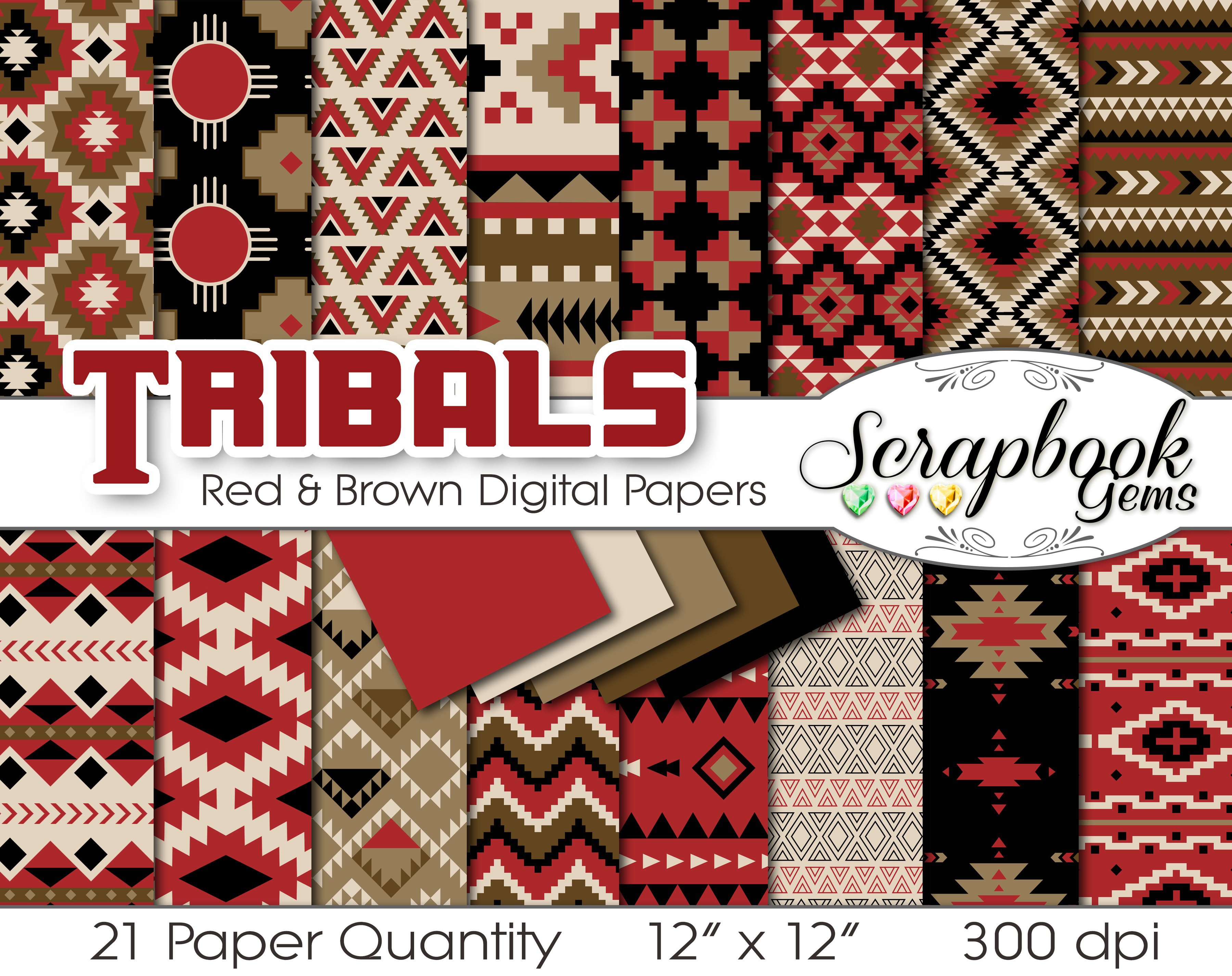 Aztec Digital Papers - Red & Brown, a Pattern Graphic by Scrapbook Gems