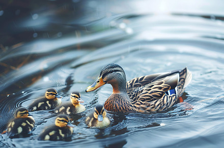 Duck and ducklings swimming into the pond, an Animal Photo by AlyaAnd