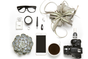Styled flatlay with phone mock up featuring mock up, socail media, and styled