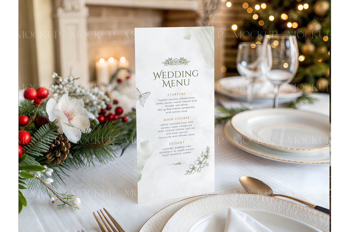 4x9 Christmas Card on Festive Table, a Product Mockup by MockupWizard (Photo 3 of 3)