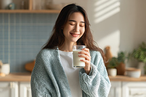 Woman enjoying milk in cozy kitchen, a Photo by Pixeness Studio