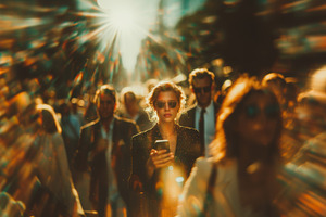 Focused woman with phone amidst a bustling urban crowd under bright sunlight, a Person Photo by AS photostudio
