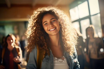 Joyful Student. Happy Woman Amidst School Life. Blurred Background Adds Vibranc, a School & Education Photo by ImageMir
